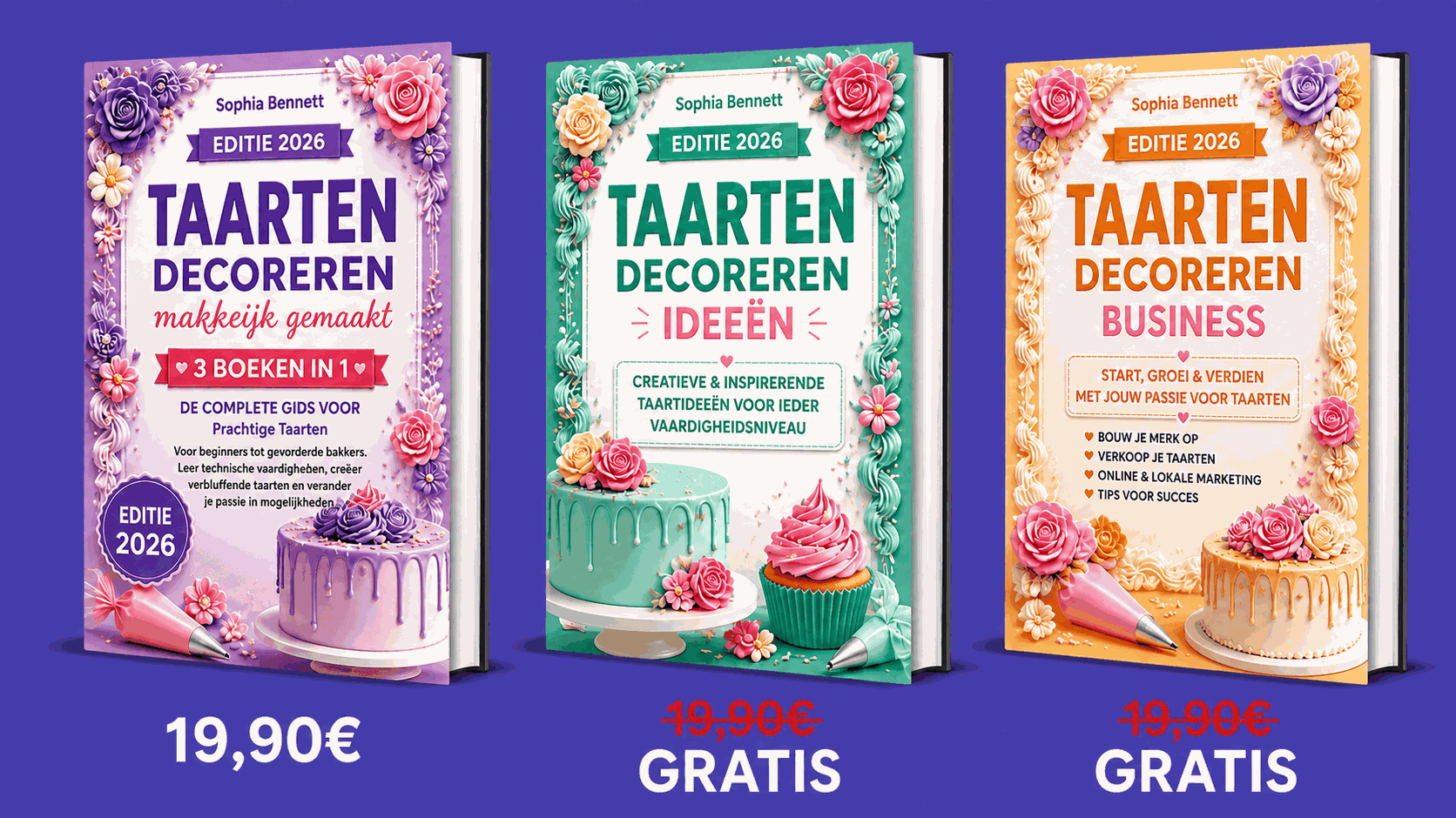 Overzicht van de 3 boeken in Taartdecoratie Makkelijk Gemaakt