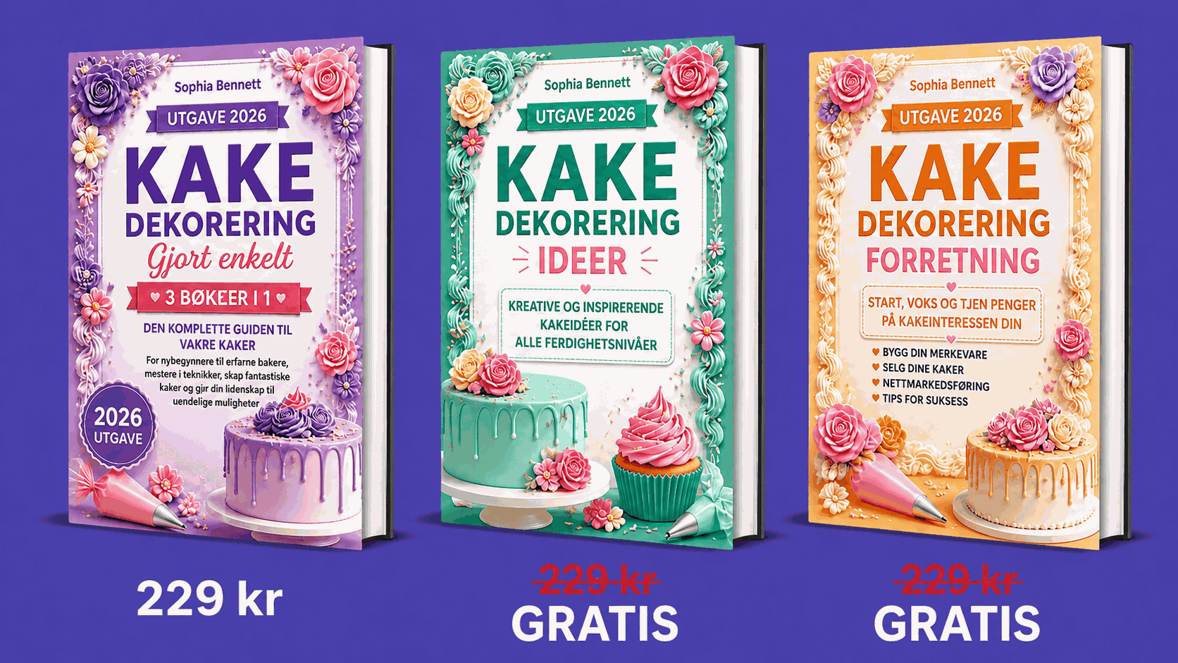 Oversikt over de 3 bøkene i Kakedekorering Gjort Enkelt