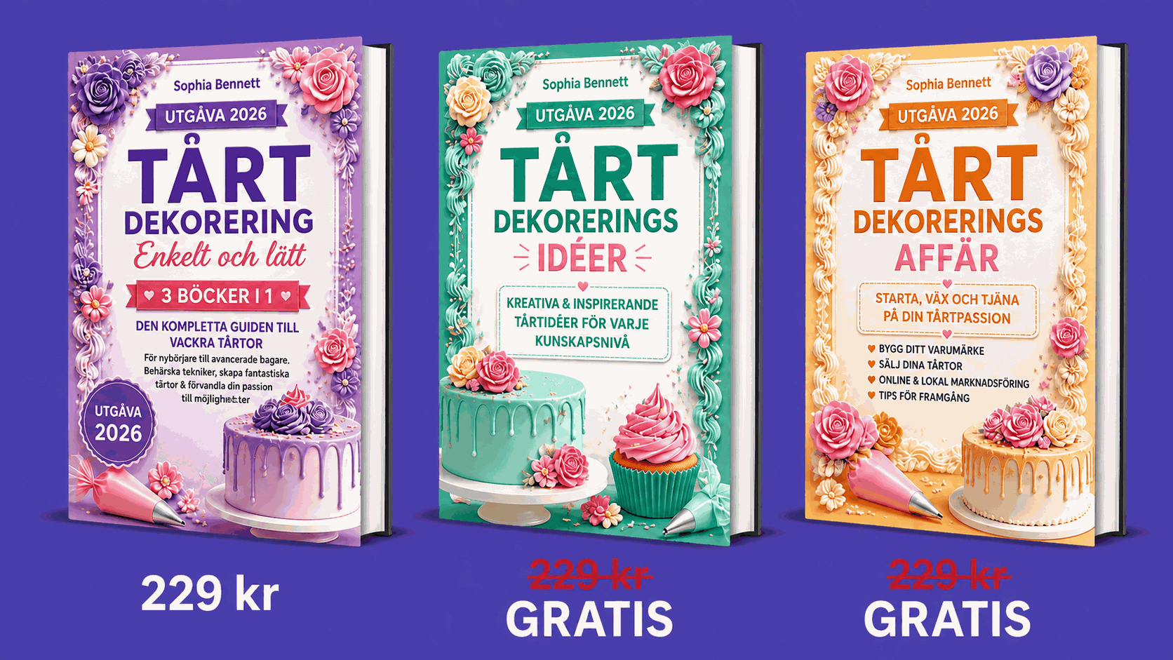 Översikt över de 3 böckerna i Tårtdekorering på ett enkelt sätt