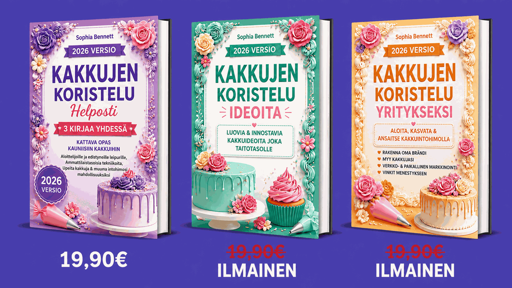 Yleiskatsaus Kakun Koristelu Helposti -paketin 3 kirjaan
